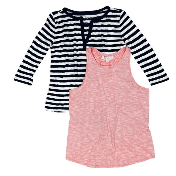 LOFT | Bundle 2 Navy White Stripe Linen Casual Top & Red White Racerback Tank - Picture 1 of 11